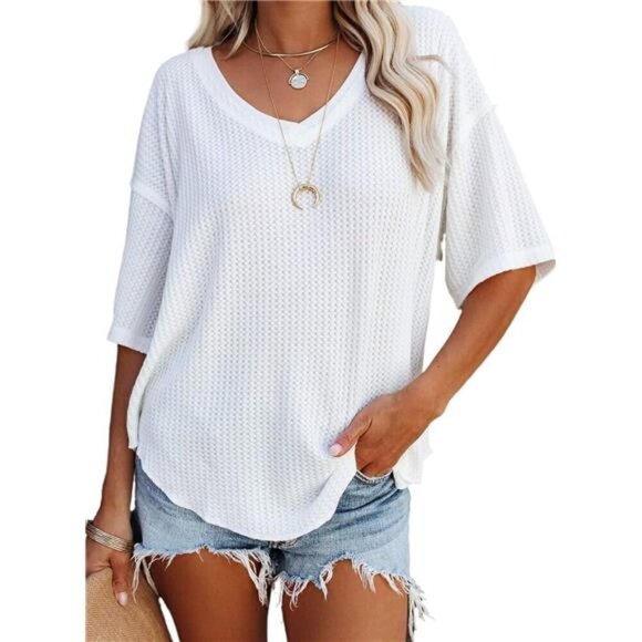 Casual V Neck Waffle Knit Tunic Top - Loose Fit Short Sleeve Blouse